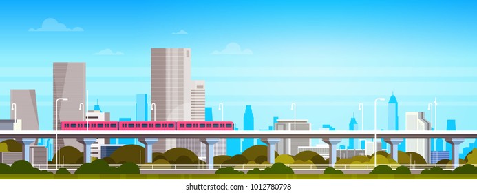 Subway Train Over Modern City Panorama With High Skyscrapers, Cityscape Background Horizontal Banner Flat Vector Illustration