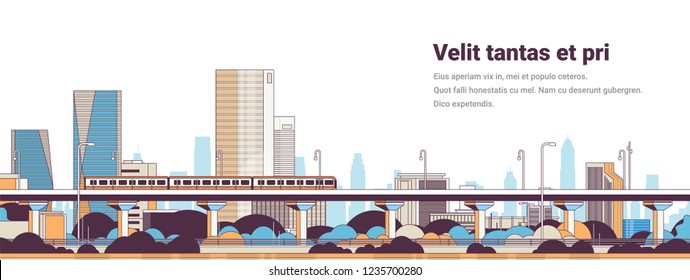 subway train over modern city panorama high skyscrapers cityscape background horizontal banner line copy space