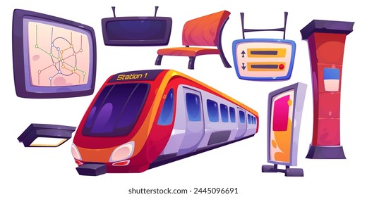 Subway train and platform equipment set. Cartoon vector illustration set of metro station interior modern elements - electric railway car and signposts, map and billboard, bench for waiting and column