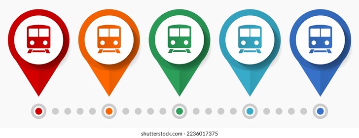 Subway, train, public transport concept vector icon set, flat design metro pointers, infographic template easy to edit