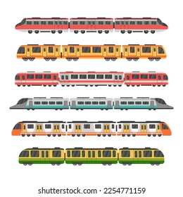 Subway train sides, modern station. Fast rail transport different types side view, locomotives, speed trip in wagons. Colorful isolated elements. Vector flat garish cartoon illustration