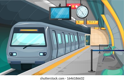 Subway Train Station with Floor and Stop Sign, Chairs, Recycle Trash, Broom, Big Clock, TV Time for Vector Illustration Interior Design Ideas