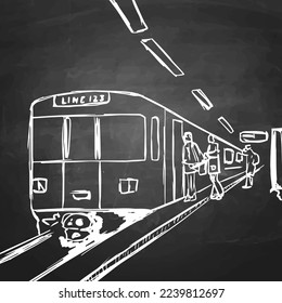 a subway train in a station hand drawn with chalk on a blackboard. isolated vector graphic.
