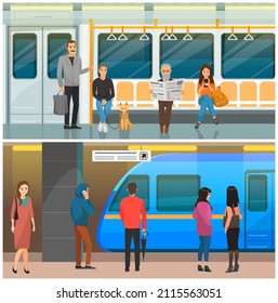 Subway train station platform with people traveling. Entrance of railway station, transportation concept. Passengers await arrival of train and travel in subway car. Characters in underground metro