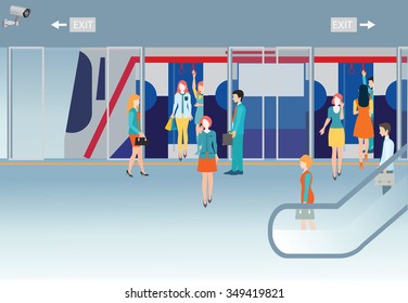 Subway train station platform with people traveling, holding smartphone, transport concepual vector illustration.