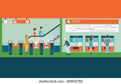 Subway train station platform with people buying train ticket, Train ticket vending machines, Railway Map, Entrance of railway station, transportation vector illustration.