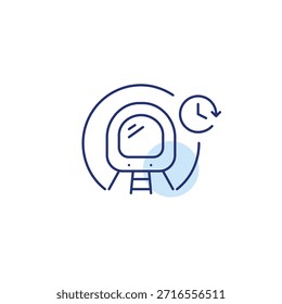 Tren subterráneo en un túnel y reloj. Horarios de llegada del transporte público, planificación de rutas programadas y seguimiento. Icono de Vector de trazo perfecto y editable