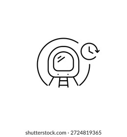 Tren subterráneo en un túnel y reloj. Horarios de llegada del transporte público, planificación de rutas programadas y seguimiento. Icono de Vector de trazo perfecto y editable