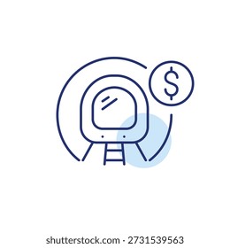 Tren del metro en un túnel y dólar. Costo del transporte público, pago de la tarifa del metro, gastos de tránsito. Icono de Vector de trazo perfecto y editable