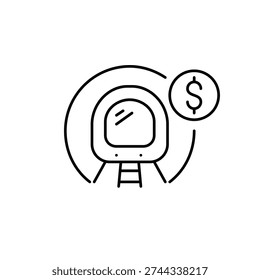 Subway train in a tunnel and dollar. Public transport cost, subway fare payment, transit expense. Pixel perfect, editable stroke vector icon