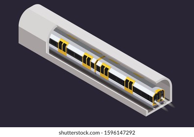 Subway train in tunnel isometric composition on black background 3d vector illustration