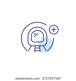 Tren subterráneo en un túnel y más. Rutas y ampliación de servicio, nuevas líneas añadidas. Transporte público. Icono de Vector de trazo perfecto y editable