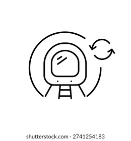 Subway train in a tunnel and renew arrows. Schedule update, public transportation. Pixel perfect, editable stroke vector icon