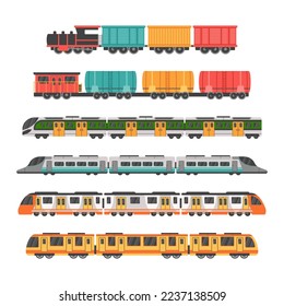 Subway trains. Speed cargo transport. Rail locomotives and wagons in railroad. Europe commuter vans. Railroad or metro transportation. Railway vehicles set. Vector garish illustration