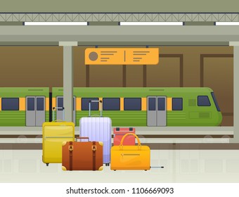 Subway tram, public transport, metro. Luggage for travel, suitcases, travel bag. Train, underground railway station. Railway type transport, locomotive with passenger compartment Vector