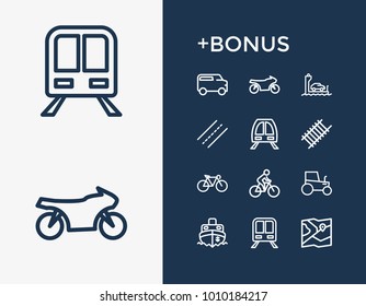 Subway and transport icon line set with ship, map and railroad. Bike related transport icon vector items for web UI logo design.