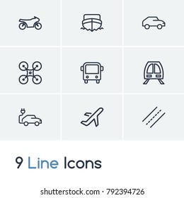 Subway and transportation icon line set with city road, bus and motorbike. Electric transport related transportation icon vector items for web UI logo design.