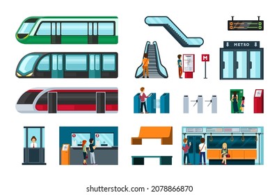 Juego de plantillas de viaje en metro. Escaladores y carteles digitales con cronogramas de ruta de personajes hombres y mujeres pasan por el torniquete y esperan a que llegue el tren para comprar boletos. Dibujo de dibujos animados.