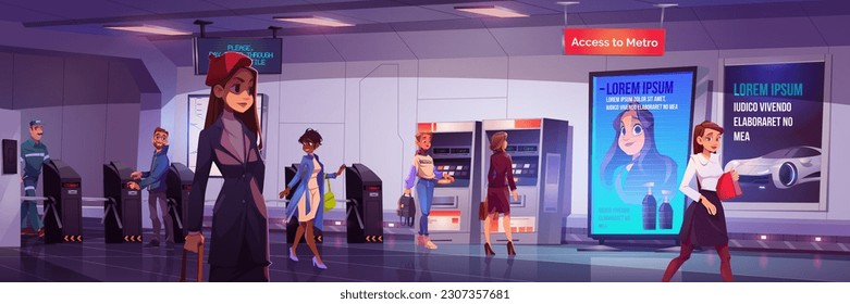 Subway turnstile entrance with ticket to train. Metro station security barrier entry cartoon vector illustration. Gate passage to public railway hall interior. Urban transportation pay check machine