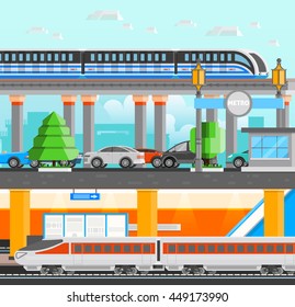 Subway underground design concept set with modern high speed monorail and metro trains and cars flat vector illustration   