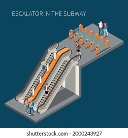 Subway Underground Metro Access With Turnstile Fare Gates Passengers Descending Ascending Stairs And Escalator Isometric Vector Illustration