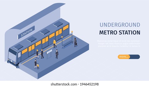 Subway underground metro station isometric horizontal web banner with passengers on platform  boarding train carriage vector illustration 