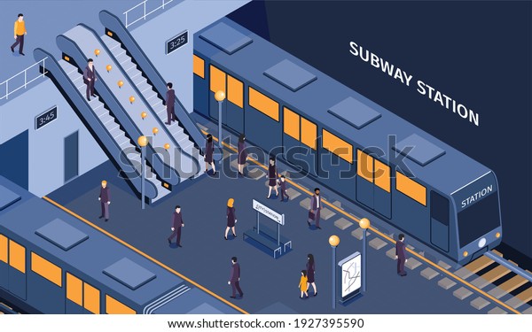 Subway underground metro station isometric
composition with passengers descending escalator  boarding train
waiting on platform vector illustration
