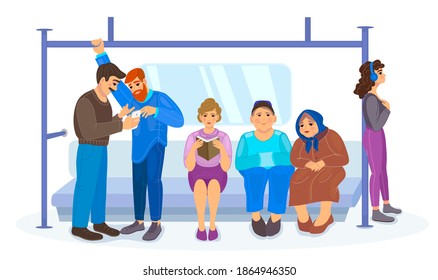 Subway underground metro train transportation with people. Passengers metro man woman elderly people sitting, standing inside in public transport. Passenger train with carriage interior cartoon vector