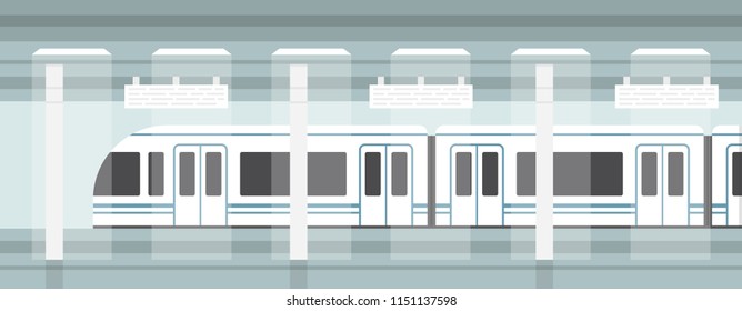 Subway, underground platform with modern train. Underground metro train. Vector illustration.