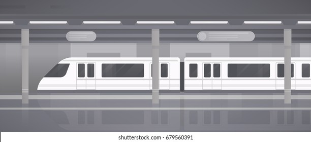 Subway, underground platform with modern train. Horizontal monochrome vector illustration in flat style.