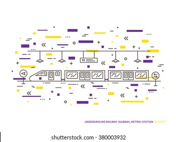 Subway (underground railway) station line vector illustration. Monorail (underground railway) station (train, railroad, platform) creative linear concept. Subway (underground railway) station design.