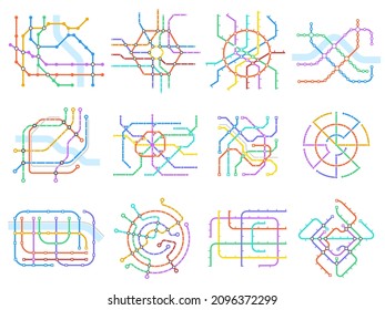 Subway underground scheme, public transportation metro tube maps. Underground train station map, subway metro schemes vector illustration set. Metro map grids with different colorful directions