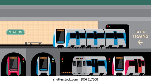 Subway underground station interior design. Urban railway transport, rapid transit system. Vector illustration