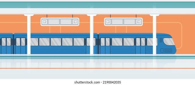 U-Bahn-Station mit Eisenbahnzug in Bahnnähe. Cartoon leere U-Bahn-Innere, öffentliche Metropole für die Beförderung von Passagieren Hintergrund. Städtische Infrastruktur, Verkehrskonzept