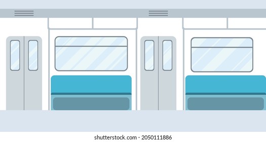 Subway underground train car interior. Public transport on urban underground tube mass transit passengers. Empty subway concept design