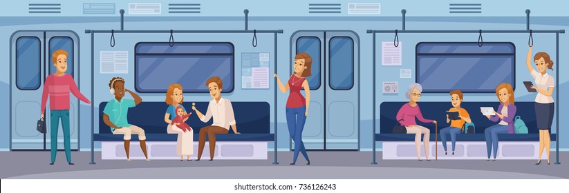 Subway underground train car interior with commuting passengers sitting reading standing with tablet cartoon vector illustration