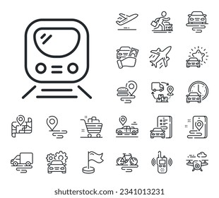 Subway underground transport sign. Plane, supply chain and place location outline icons. Metro line icon. Train railway symbol. Metro line sign. Taxi transport, rent a bike icon. Travel map. Vector