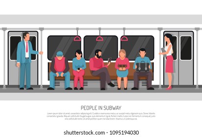 Subway underground transportation flat poster header title with metro commuter rail system train car passengers vector illustration 