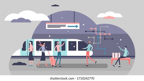 Subway vector illustration. Underground tube everyday daily scene flat tiny persons concept. Urban passenger transportation from platform to destination. Abstract metropolitan railroad transit crowd.