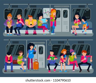 Subway vector people in metro and passengers in underground using urban public transport illustration set of characters inside underpass transportation