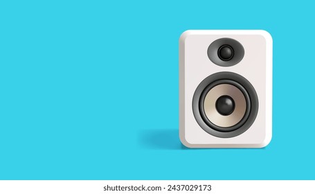Subwoofer acoustic stereo bass music audio sound 3d banner copy space realistic vector illustration. Musical party volume dynamic broadcasting boombox electronic entertainment technology device