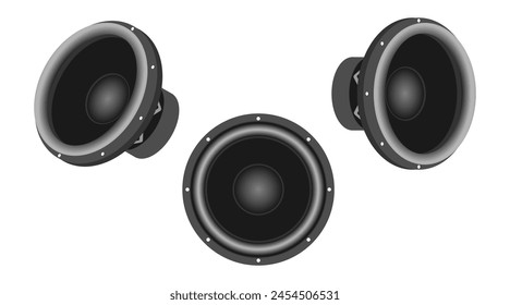 subwoofer audio loudspeaker with front view and side view. vector illustration isolated on white background.