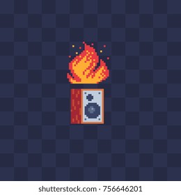 Subwoofer and fire. Pixel art stile icon. Video game 8-bit sprite. Flat stile logo. Isolated vector illustration. Symbol, logo, sticker design.