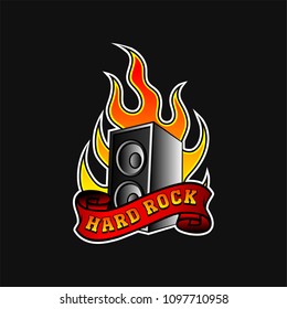 Subwoofer in hot orange flame and red ribbon with text Hard Rock . Music theme. Vector element for sticker, poster or banner