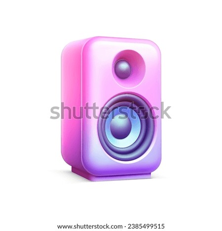Subwoofer loudspeaker amplifying music waves gradient soft color 3d icon realistic vector illustration. Musical party sound audio volume system acoustic electronic entertainment pink purple stereo box