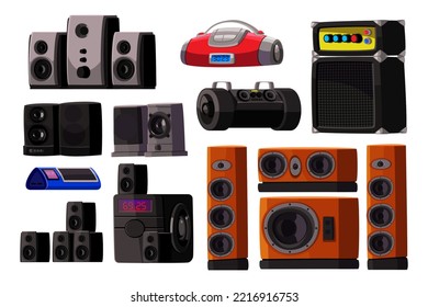 Subwoofer speakers for stereo system vector illustrations set. Collection of cartoon drawings of tape recorders, big speakers isolated on white background. Music, entertainment, multimedia concept