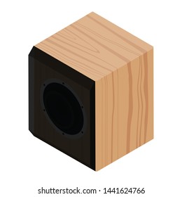 Subwoofer in wooden body isometric view isolated on white background. Professional music studio equipment