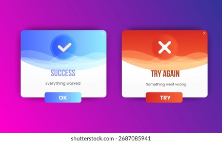 Anuncio emergente del éxito y del error con el diseño plano aislado en el fondo. Diseño web de Profesional, juego completo de Elementos. Materiales de diseño fáciles de usar. Vector