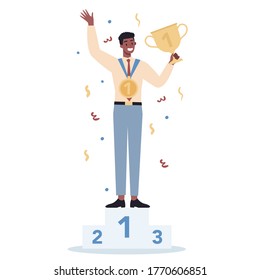 Succeed business man. Winning in competition. Getting reward or prize for achievement. Goal, inspiration, hard work and result. Person with golden trophy cup. Isolated flat vector illustration