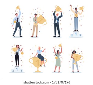 Succeed business people set. Winning in competition. Getting reward or prize for achievement. Goal, inspiration, hard work and result. Person with golden trophy cup. Isolated flat vector illustration